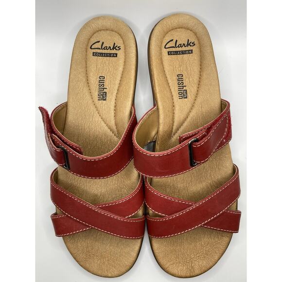 Clarks Manilla‎ Pluma Sandals Women's 10 N Cushion Sole Red Leather Adjustable - Picture 2 of 10